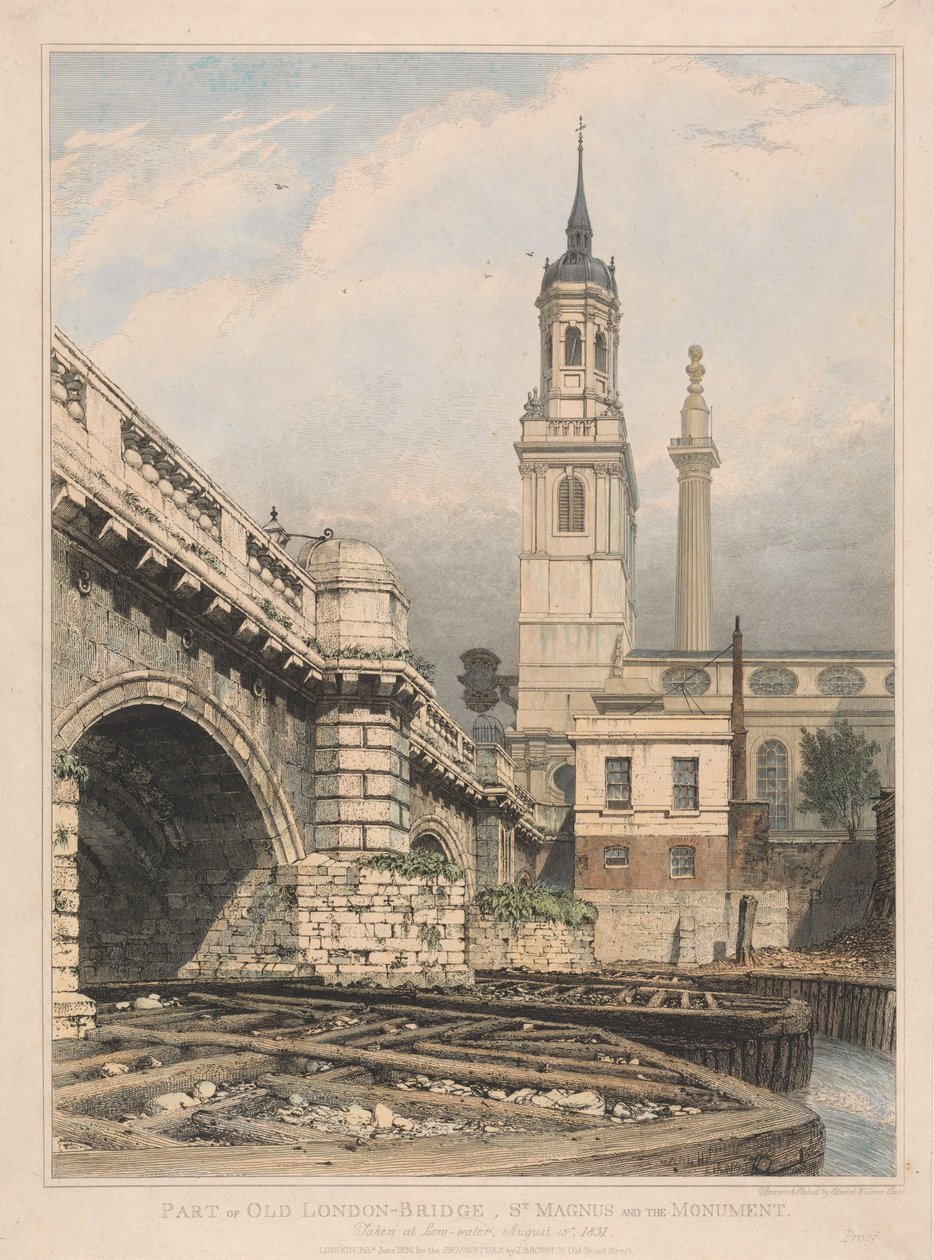 Parte da Antiga Ponte de Londres, São Magnus e o Monumento de Edward William Cooke