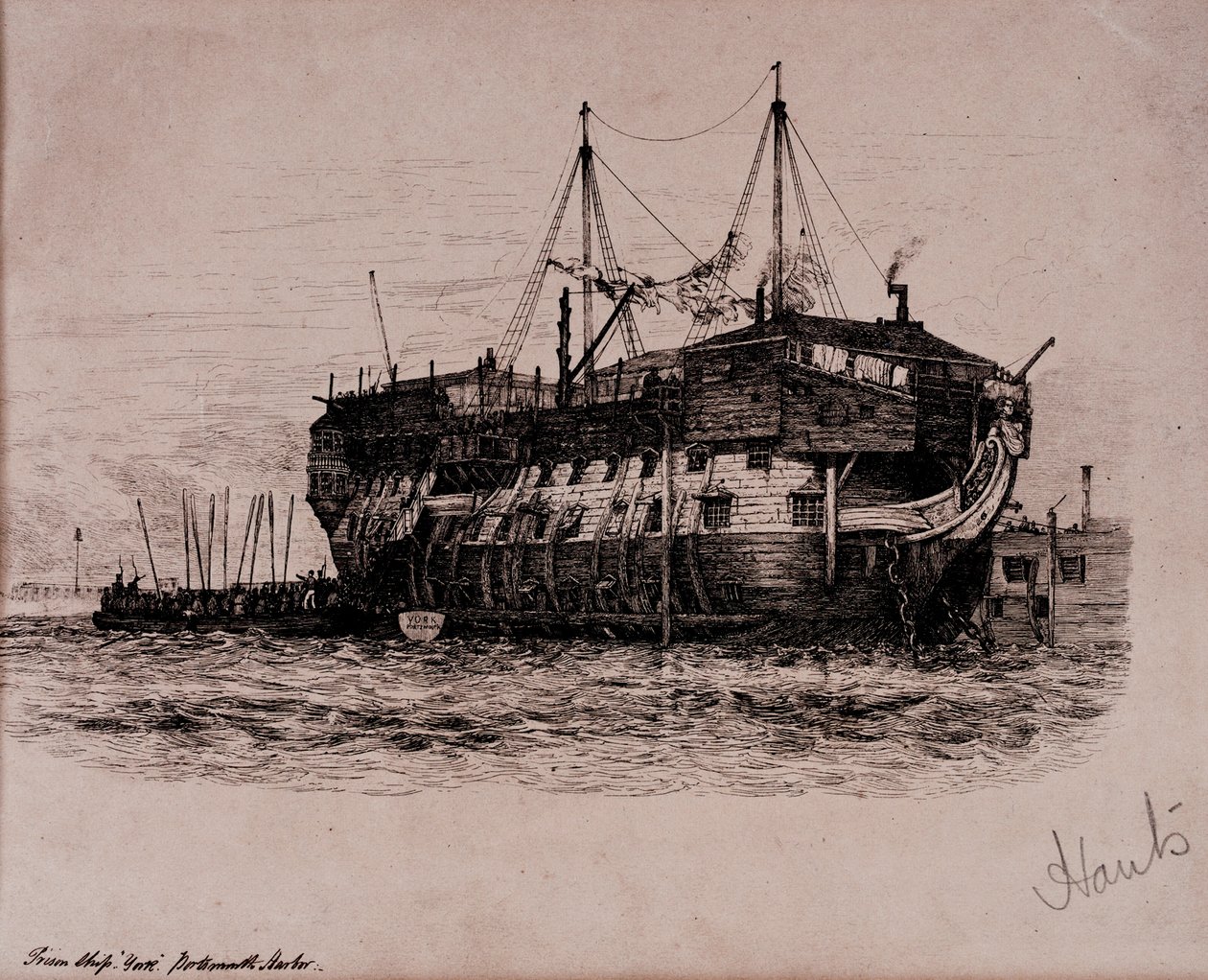Navio-prisão "York" no porto de Portsmouth de Edward William Cooke