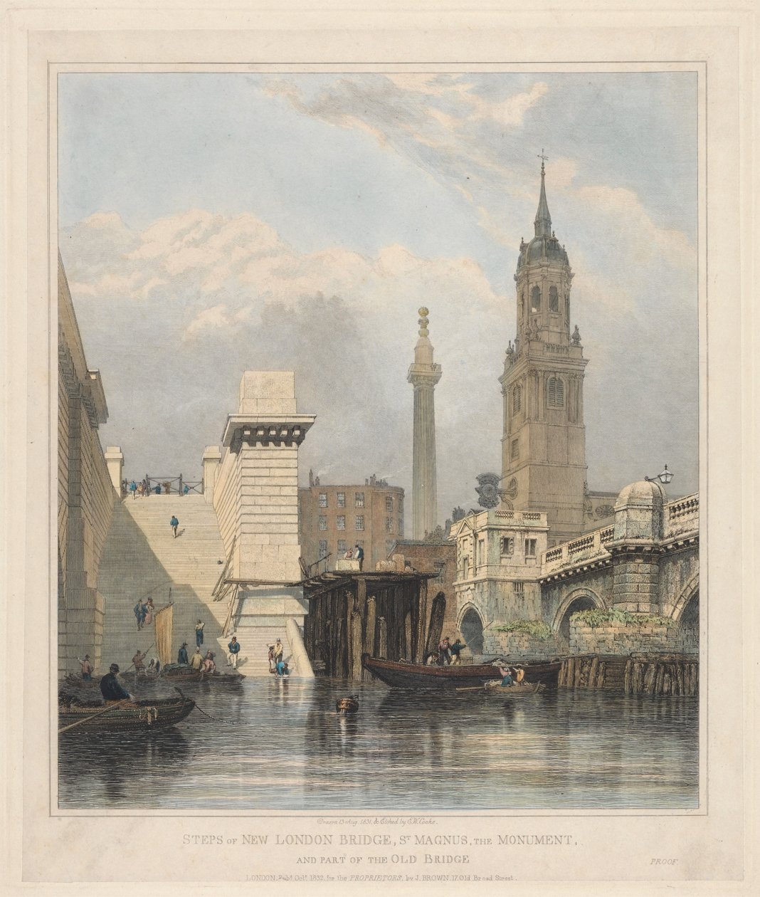 Escadas da nova London Bridge, St. Magnus, o Monumento e parte da velha ponte de Edward William Cooke