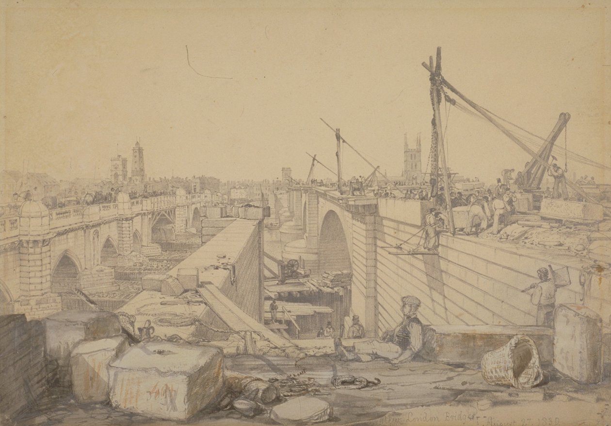 A construção da ponte de Londres, 1830 de Edward William Cooke