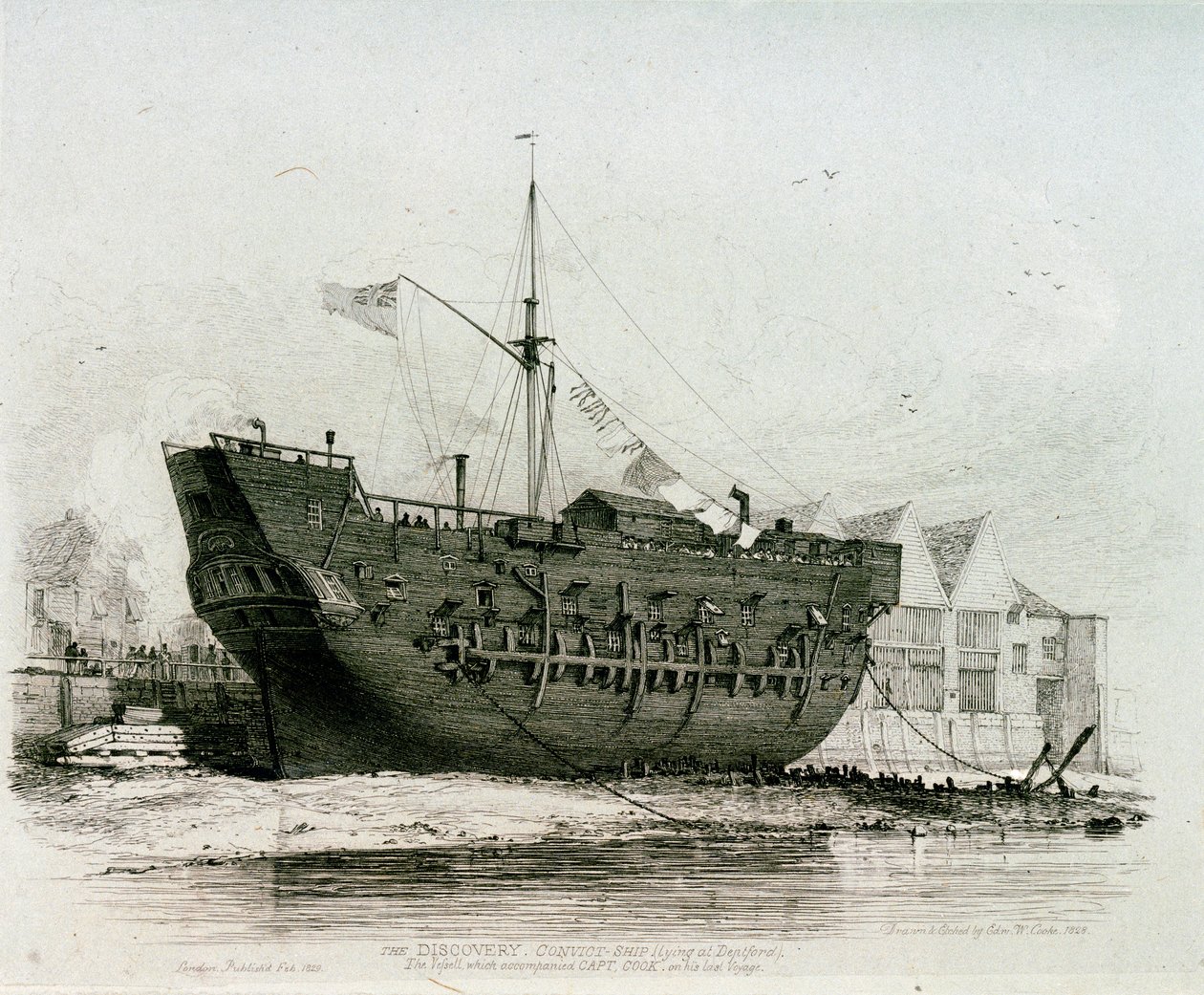 O navio de condenados "Discovery" (que se encontra em Deptford), o navio que acompanhou o Capitão Cook na sua última viagem de Edward William Cooke