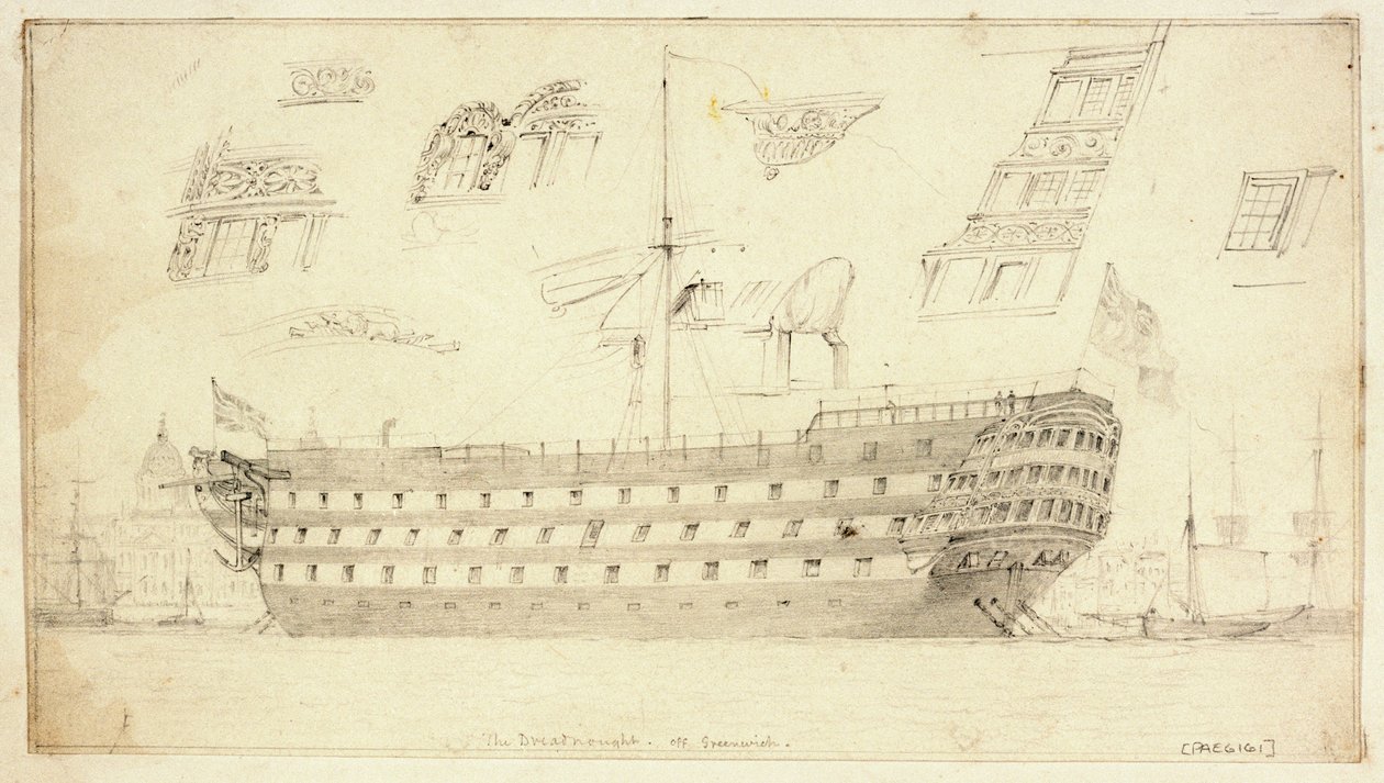O "Dreadnought" ao largo de Greenwich, c.1830 (grafite) de Edward William Cooke