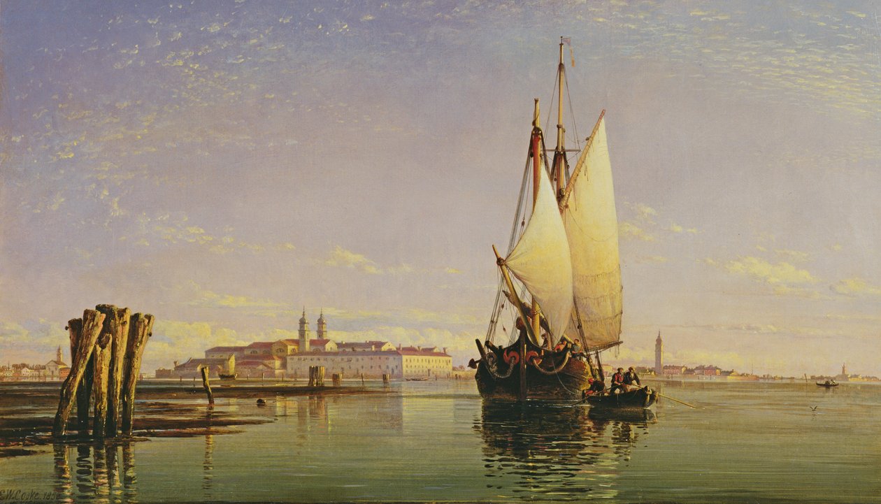 As Colinas Euganeas e a Laguna de Veneza - Trabaccola Esperando a Maré, Pôr do Sol, 1853 de Edward William Cooke