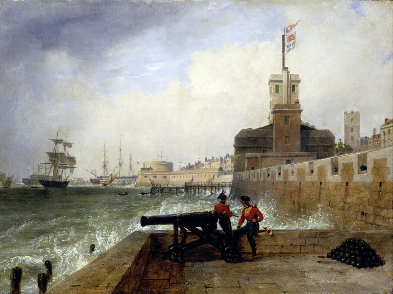 A Torre Semafórica à entrada do porto de Portsmouth (Inglaterra), na Plataforma de Salvação, com dois soldados sentados na muralha junto a um canhão, ao fundo, descrição da cidade e do cais com a torre redonda de Edward William Cooke