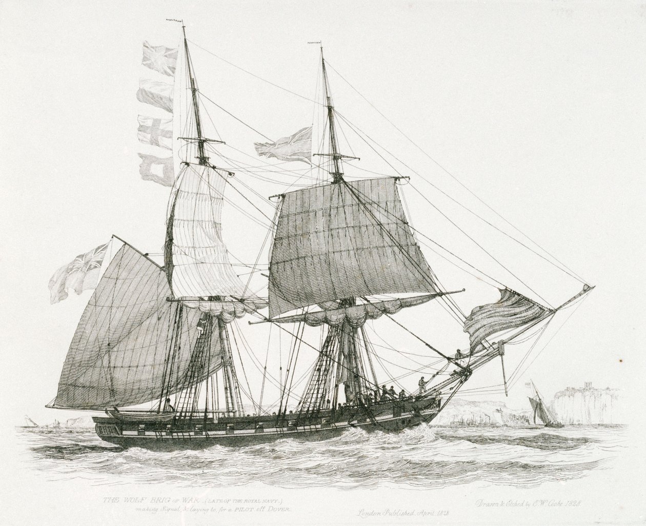 O "Wolf" (1826), ou (1814), brigue de guerra, da Marinha Real, a fazer sinal e a lançar um piloto ao largo de Dover de Edward William Cooke