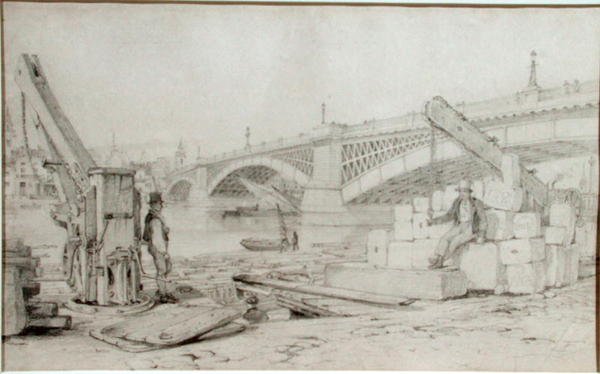 Vista da ponte Southwark e do rio Tamisa a partir de Bankside, com duas torres de perfuração em primeiro plano de Edward William Cooke