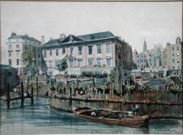 Vista de um coferdame de madeira que envolve bate-estacas e guinchos para a Ponte de Londres de Edward William Cooke