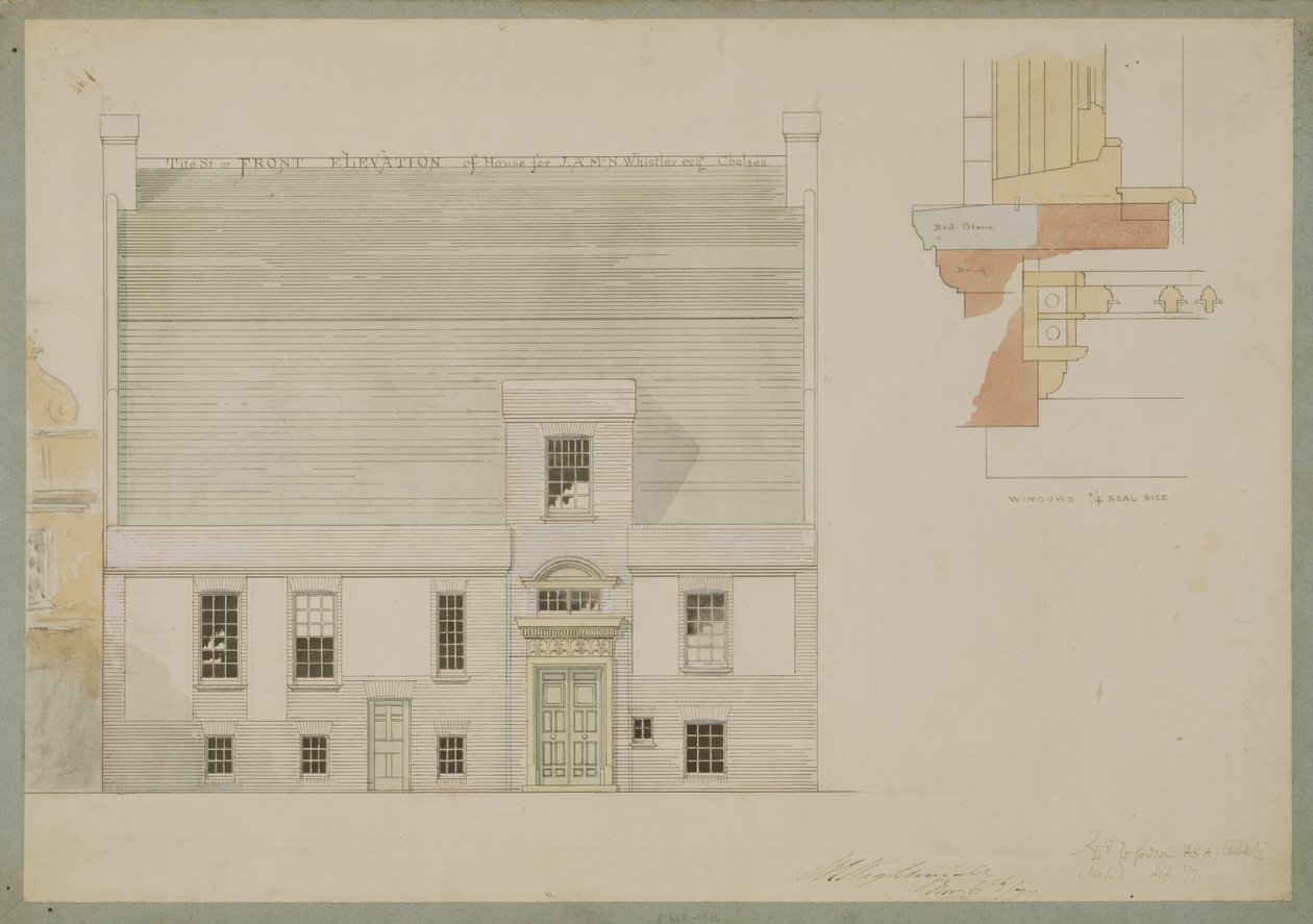 Front Elevation of House para JAM Whistler Esq, Tite Street, Chelsea, 1877 (caneta e tinta no papel) (ver também 176476) de Edward William Godwin