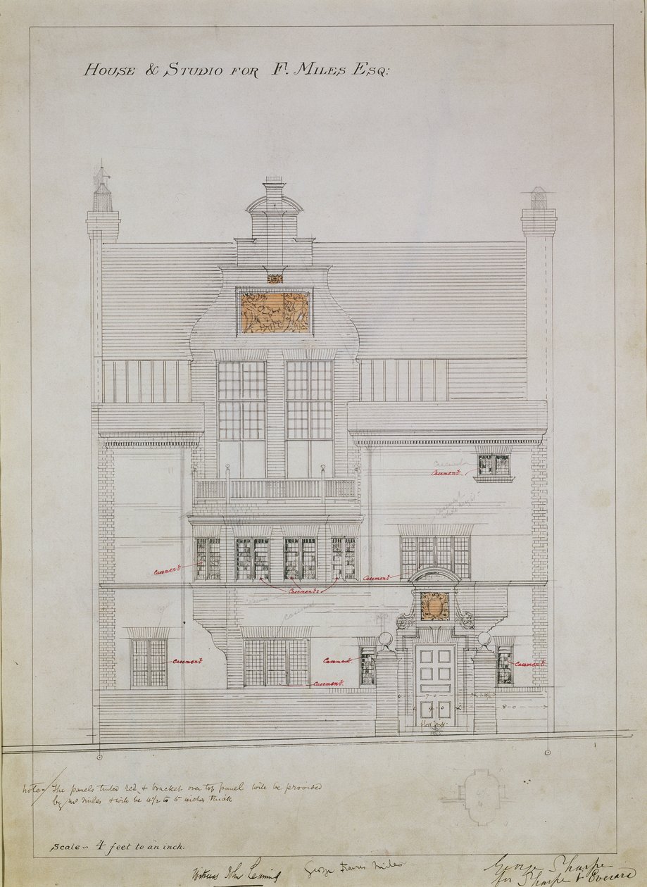 Desenho de trabalho para House and Studio para F. Miles Esq, Tite Street, Chelsea, 1878-79 (wc e lápis sobre papel) (ver também 176481, 176483-485) de Edward William Godwin