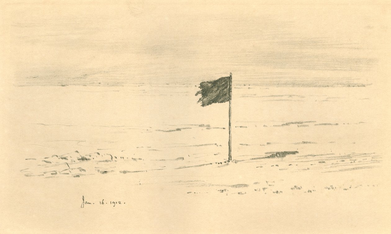 Acampamento da Bandeira Negra. - Bandeira negra de Amundsens a poucas milhas do pólo sul, 1912, 1913 de Charles Edward Wilson