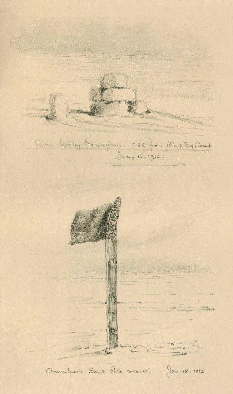 Monte de pedras deixado pelos noruegueses e marca do pólo sul de Amundsens, janeiro de 1912, 1913. de Charles Edward Wilson
