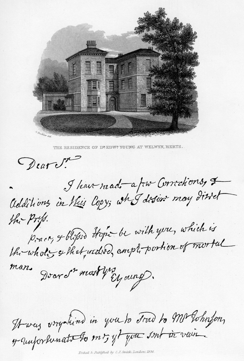 Uma carta de Edward Young e uma vista de sua residência em Welwyn, Hertfordshire, 1740, 1840 de Edward Young