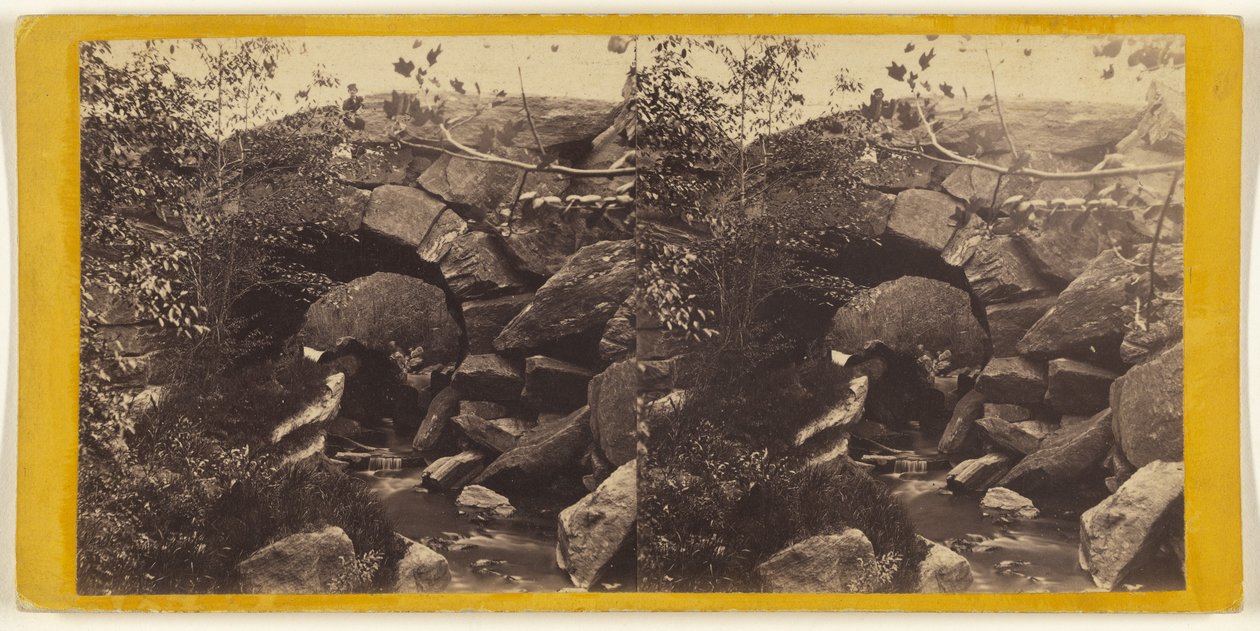 Central Park. Ponte de pedra rústica, que transporta a estrada sobre o passeio e o ribeiro, na extremidade norte do parque. de Edward and Henry T. Anthony and Co.