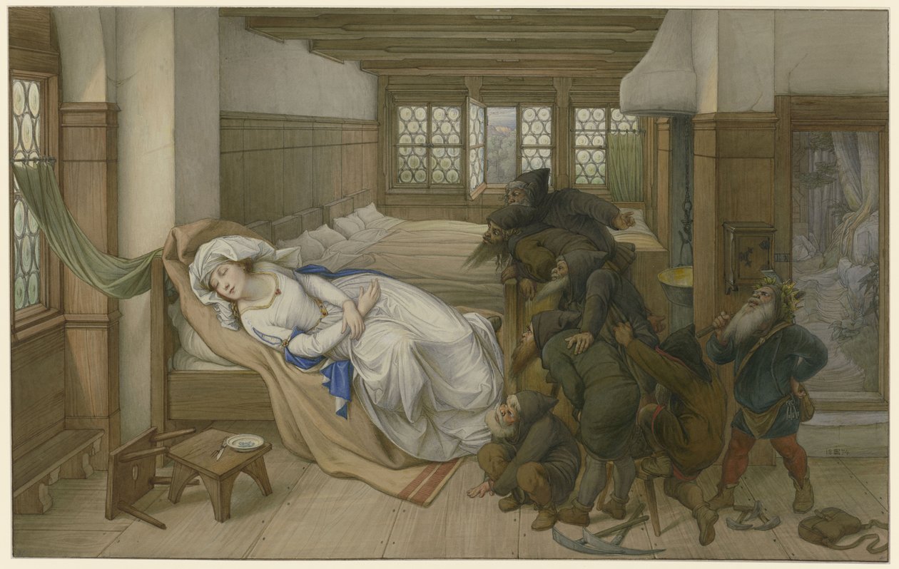 Os anões encontram Branca de Neve dormindo, 1874. de Edward von Steinle