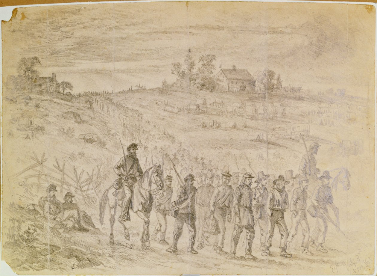 A Batalha de Gettysburg: Prisioneiros pertencentes ao Corpo do General Langstreet Capturados por tropas da União marchando para a retaguarda da guarda de Edwin Austin Forbes