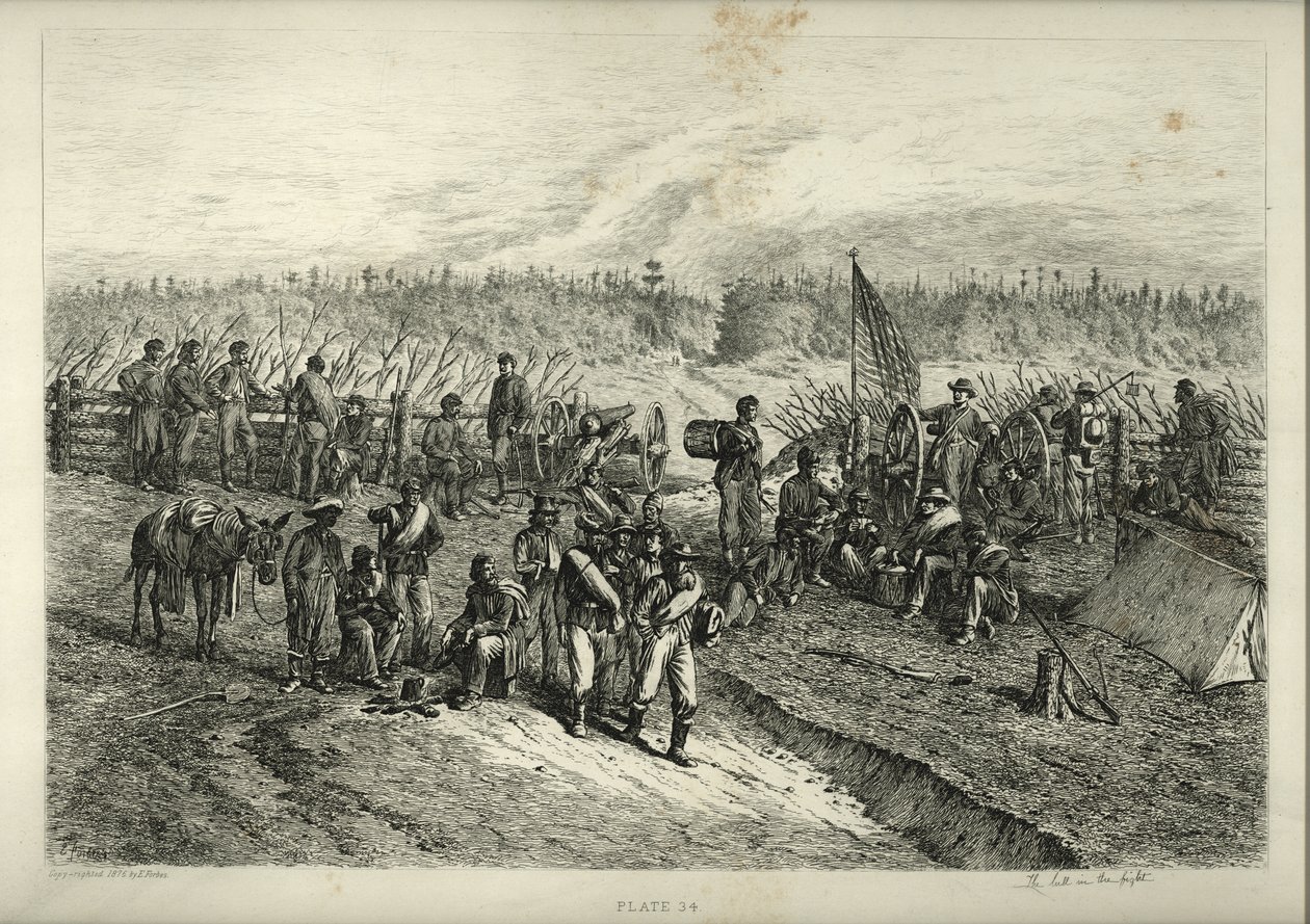 Impressão de soldados esperando nas linhas de frente atrás de uma barricada. Três soldados e um homem afro-americano com uma mula estão de pé e sentados ao redor de uma fogueira, enquanto um grupo de outros soldados passa. de Edwin Austin Forbes
