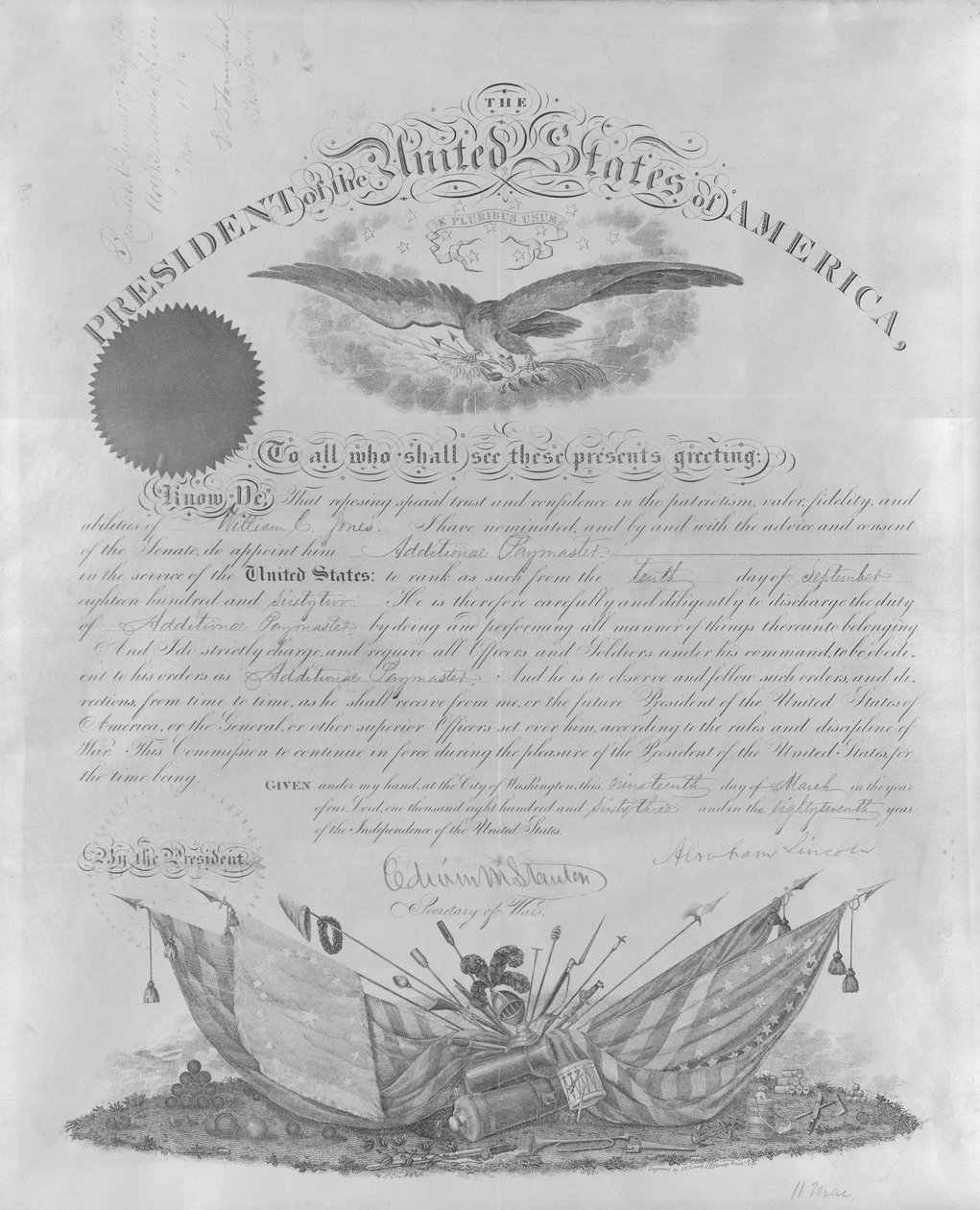 Nomeia Jones como pagador adicional a serviço dos Estados Unidos de Edwin M. Stanton