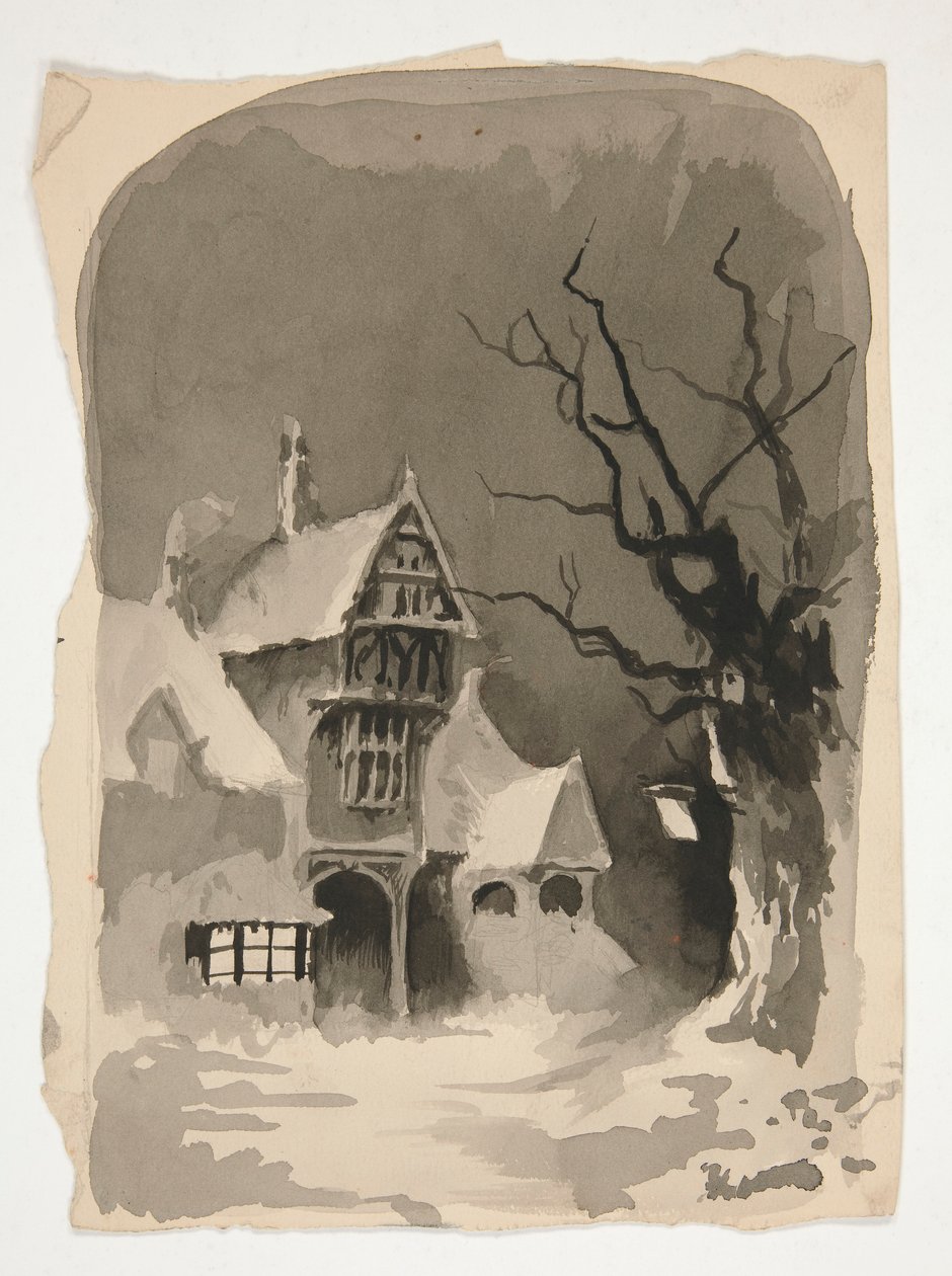 Uma Cena de Inverno: Casa na Neve (recto); Estudos de figuras sortidas (verso) de Edwin Austin Abbey