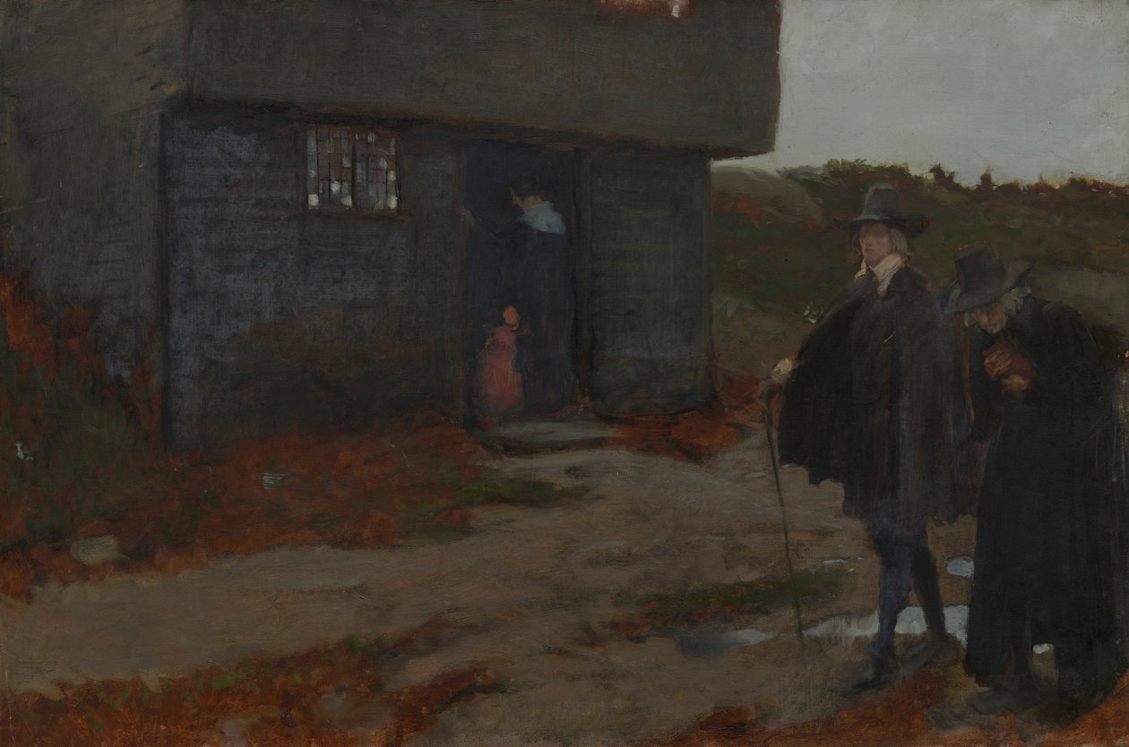 At the Cottage Door (cena da Nova Inglaterra do século XVII) de Edwin Austin Abbey