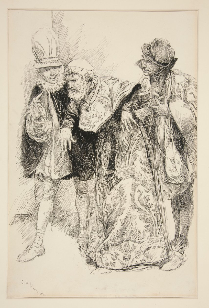 Protestos de Baptista, ilustração para Ato I, Cena I, Megera Domada de Edwin Austin Abbey