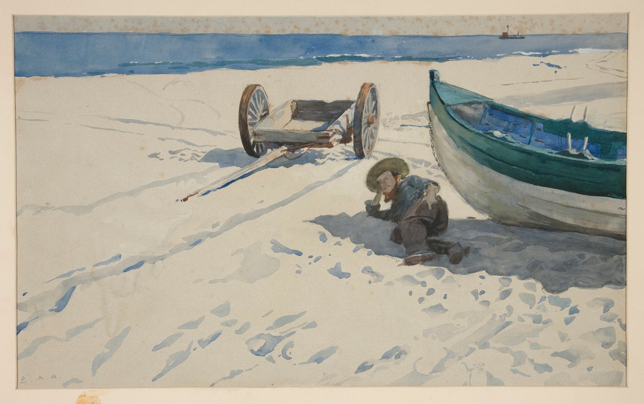 Cena de praia com o Homem a Descansar na Sombra do Barco de Edwin Austin Abbey