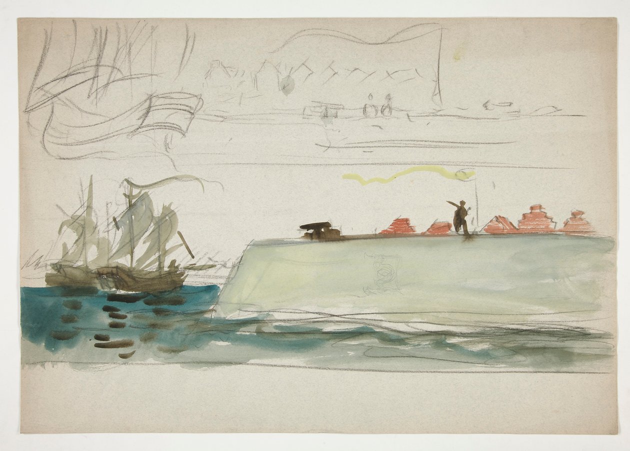 Barcos no mar: navio de guerra em primeiro plano, veleiro em distância - (ilustração não identificada) de Edwin Austin Abbey