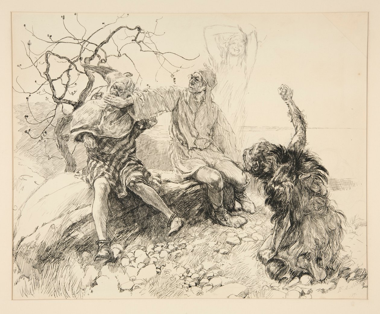 Caliban, Stephano e Trinculo (Ariel invisível), ilustração para o Acto II, Cena II, A Tempestade de Edwin Austin Abbey