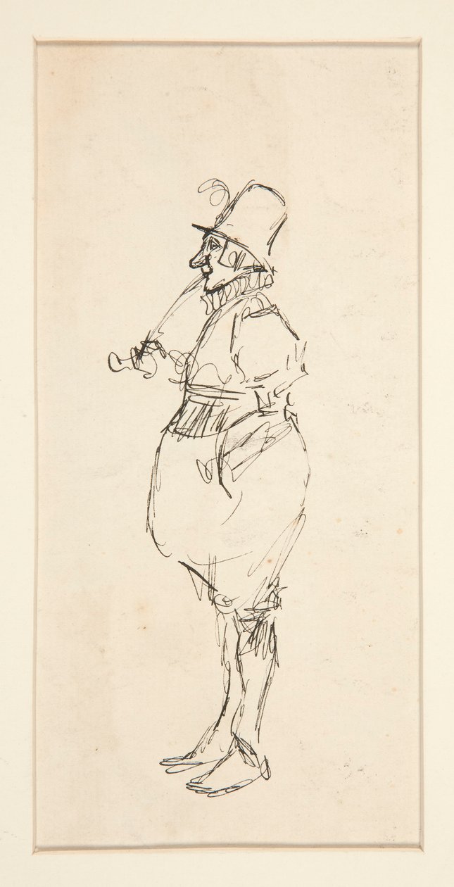 Desenho animado de um homem em pantalonas de Edwin Austin Abbey