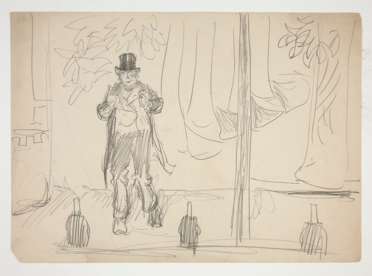 Desenho animado de um actor em palco(?) - ilustração não identificada de Edwin Austin Abbey