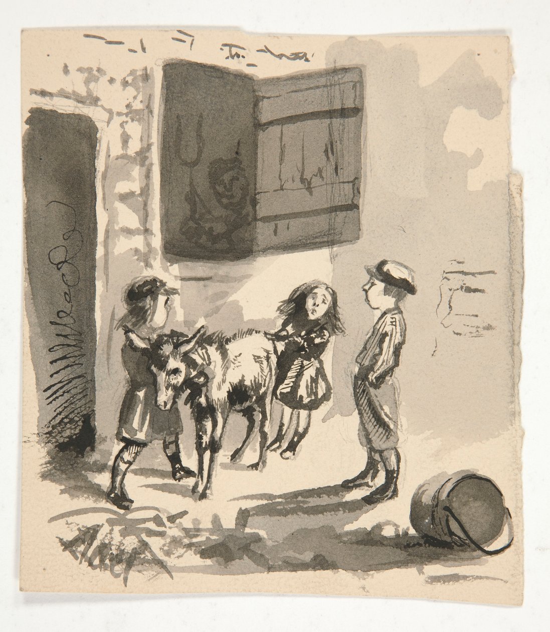 Crianças com burro (reto); Ilustração não identificada de um moedor de órgão (verso) de Edwin Austin Abbey
