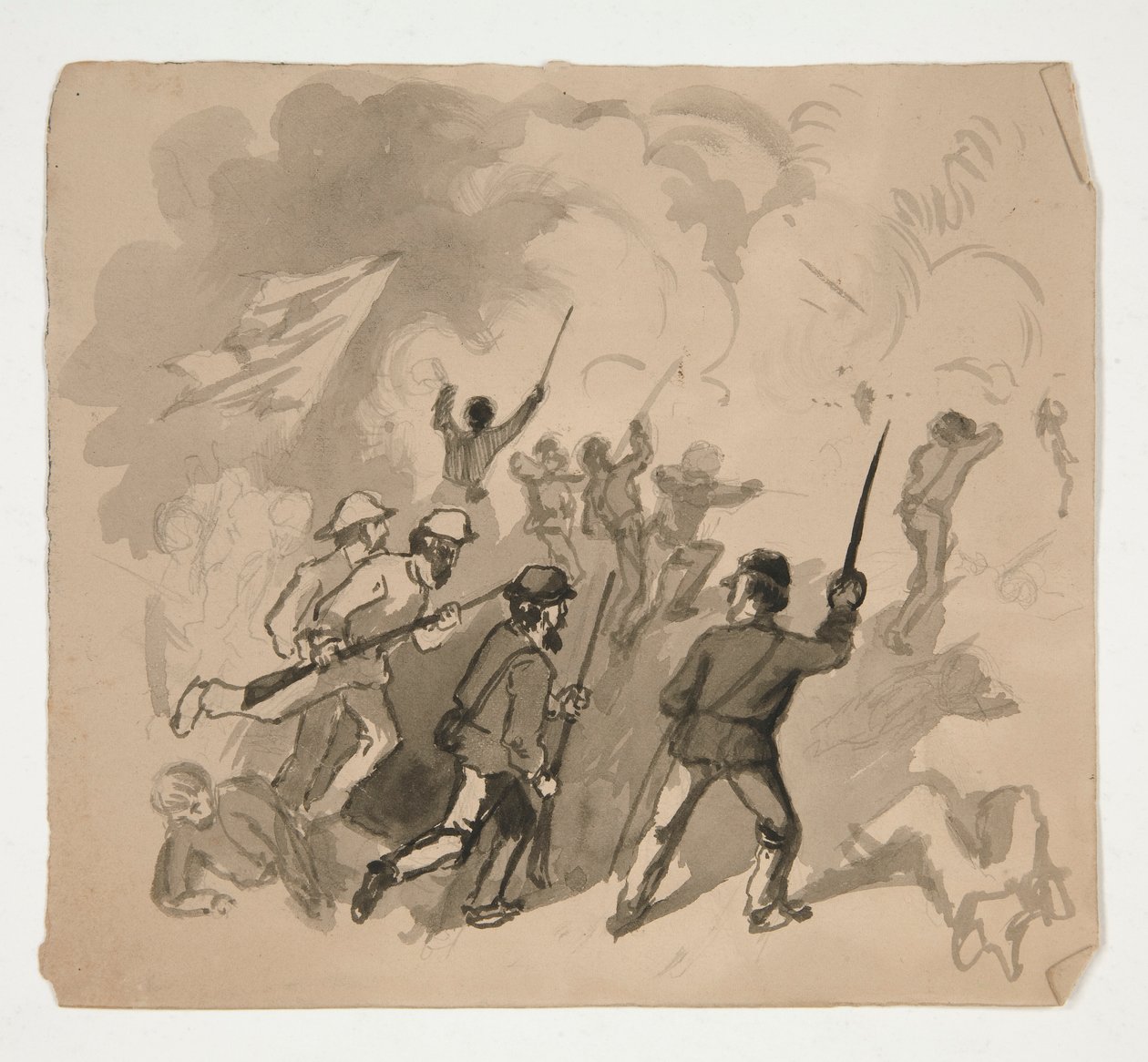 Cena de batalha da Guerra Civil (reto); Ilustração não identificada de homem em uma floresta (verso) de Edwin Austin Abbey