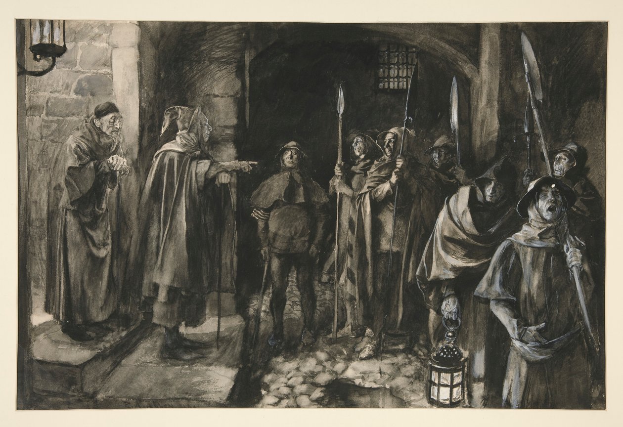 Dogberry e seus companheiros com um relógio - Ato III, Cena III, Muito Barulho por Nada de Edwin Austin Abbey