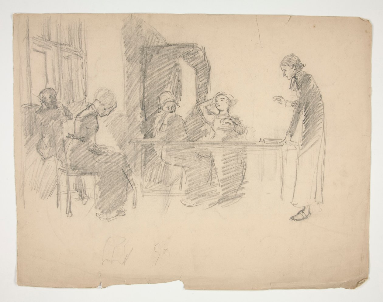 Estudo inicial para Stony Ground 1884, interior com figuras de Edwin Austin Abbey