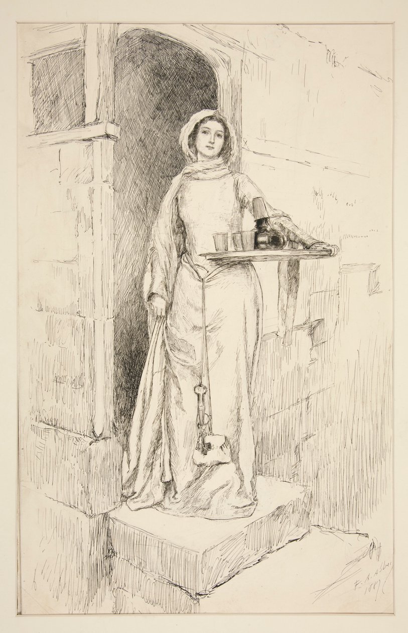 Entra Mistress Anne Page com vinho - Ato I, Cena I, Alegres Esposas de Windsor de Edwin Austin Abbey