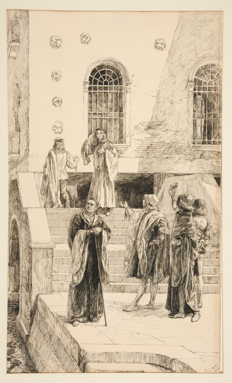 Exuent Salarino e Salanio, do Ato I, Cena I, Mercador de Veneza de Edwin Austin Abbey