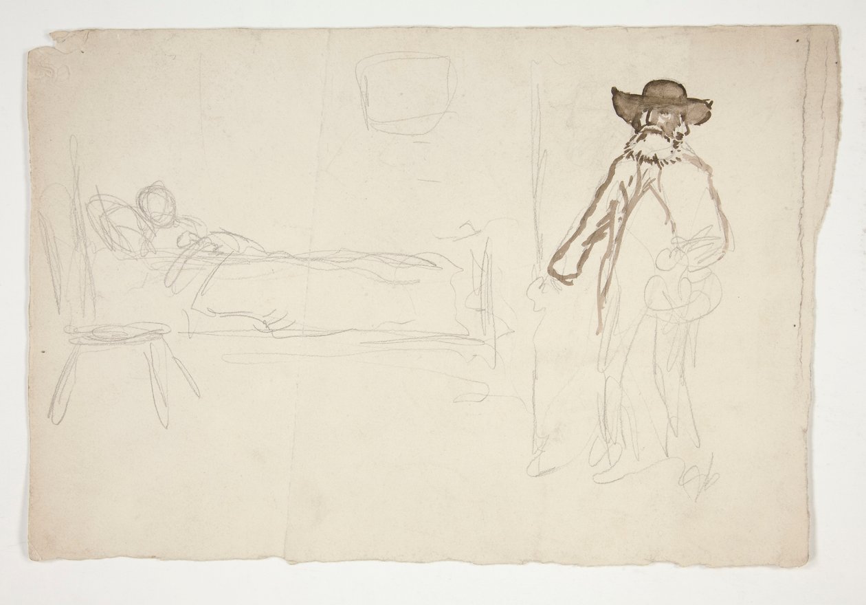Figura na cama, homem a entrar no quarto - ilustração não identificada de Edwin Austin Abbey