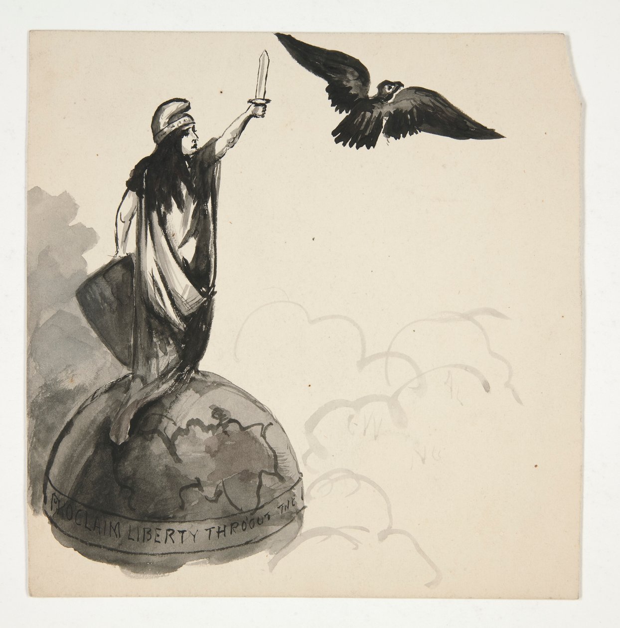 Figura da Liberdade de Pé no Globo com Águia (recto); Conestoga Wagon in Landscape (verso) de Edwin Austin Abbey