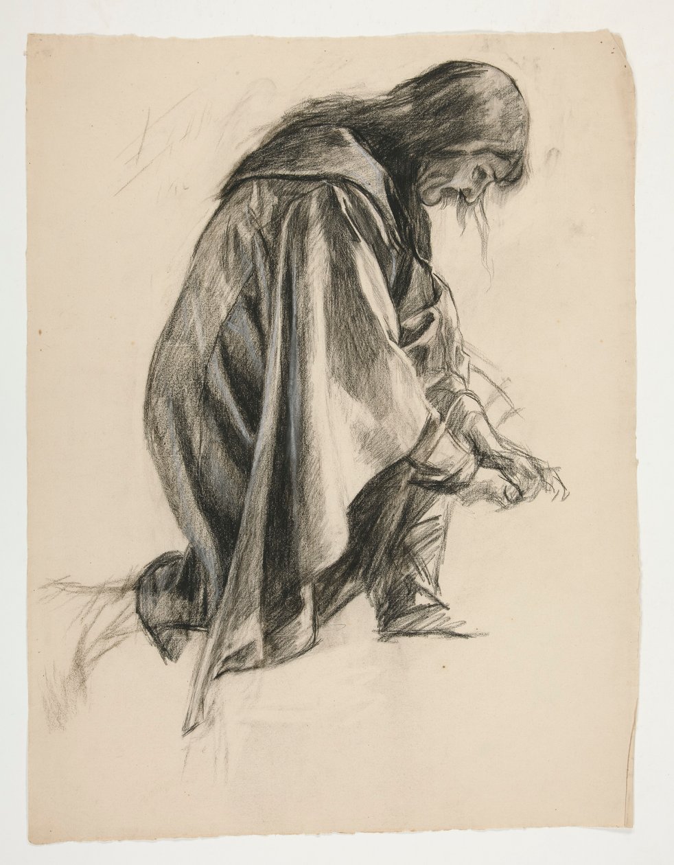 Estudo de figura para Sir Lancelot e Sir Bors equipam Galahad com suas esporas (?), de The Quest of the Holy Grail (segunda de uma série de quinze pinturas para a Biblioteca Pública de Boston, concluída em 1901) de Edwin Austin Abbey