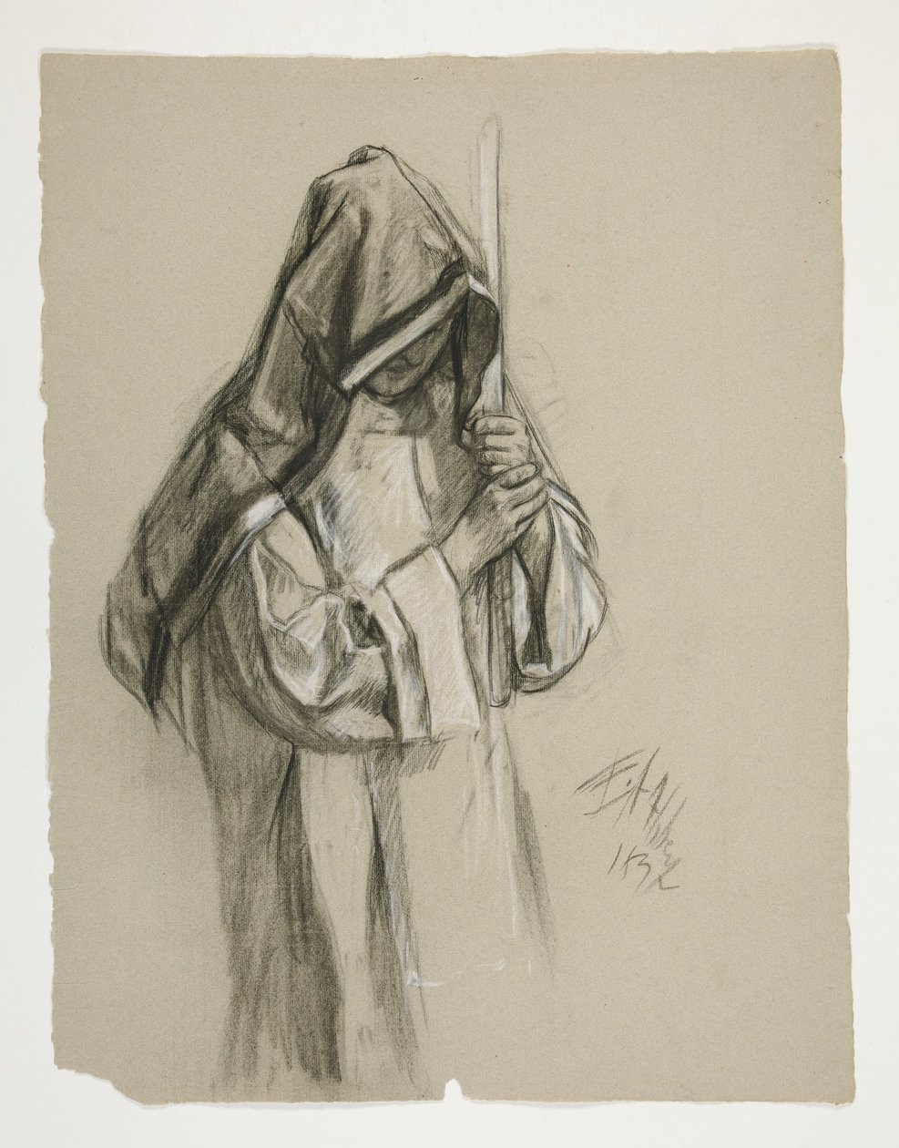 Estudo figurativo para Sir Lancelot e Sir Bors vestem Galahad com as suas esporas, de The Quest of the Holy Grail (segundo de uma série de quinze quadros para a Biblioteca Pública de Boston, concluída em 1901) de Edwin Austin Abbey