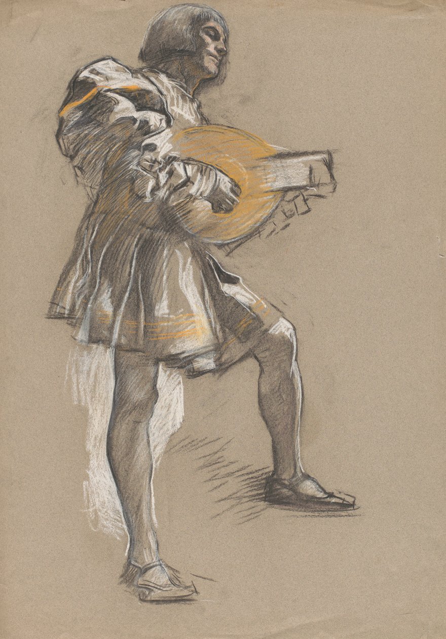 Figura com bandolim em traje medieval. de Edwin Austin Abbey