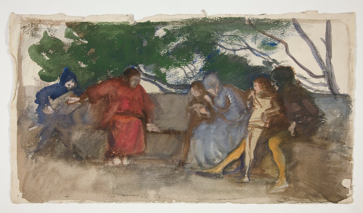 Números sentados ao longo de um banco ao ar livre de Edwin Austin Abbey