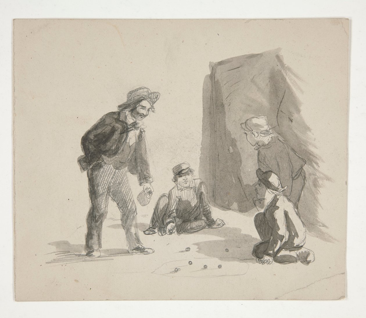 Quatro rapazes a jogar berlindes (recto); ilustração não identificada de rapaz no cavalete no interior (verso) de Edwin Austin Abbey