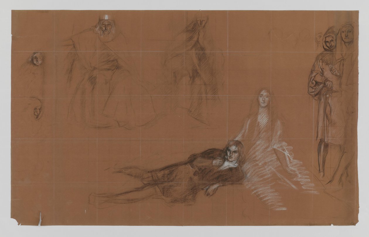 Hamlet - desenhos animados para a pintura. Acto II, Cena 2 de Edwin Austin Abbey