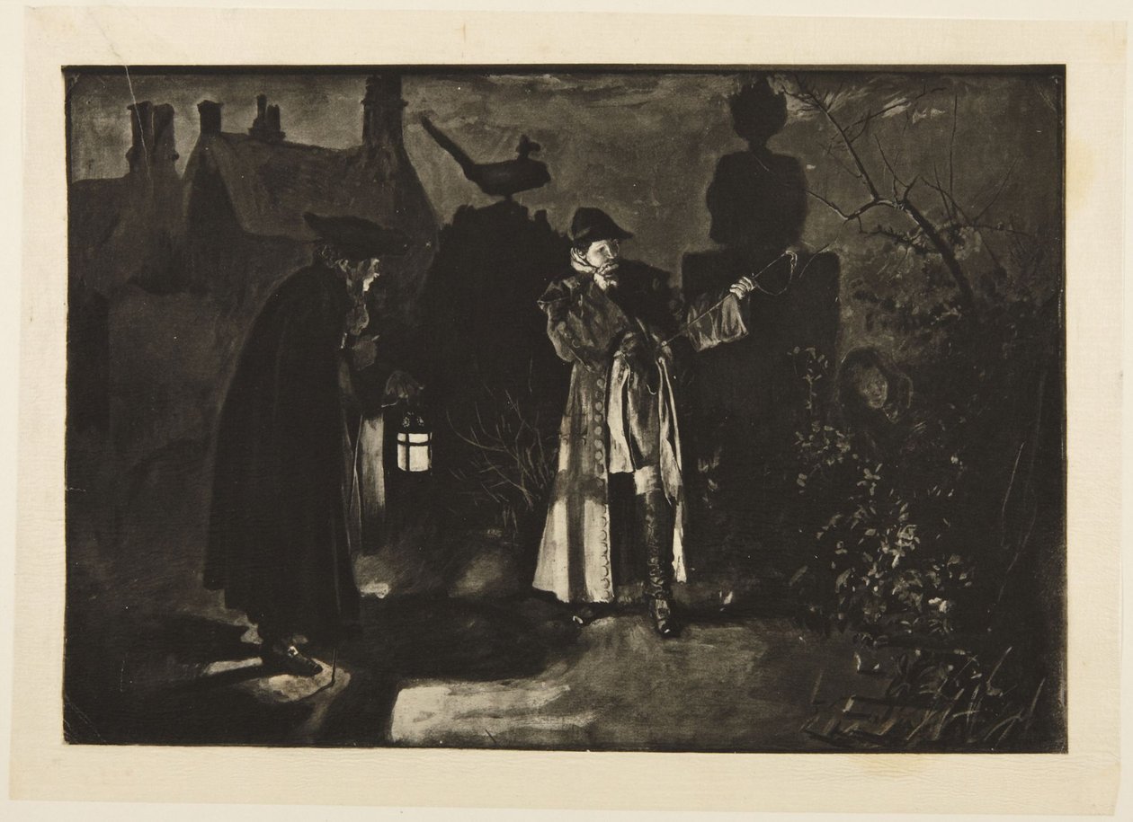 Ilustração para «She Stoops to Conquer» de Goldsmith: «Estou enganado, ou ouvi vozes» de Edwin Austin Abbey