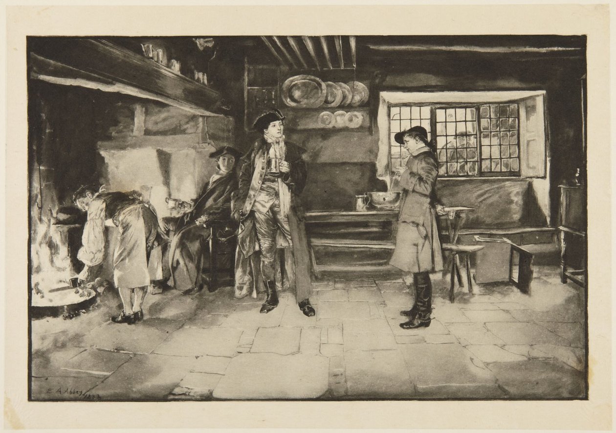 Ilustração para She Stoops to Conquer, de Goldsmith: «Sem ofensa, mas pergunta por pergunta é justo, sabe» de Edwin Austin Abbey