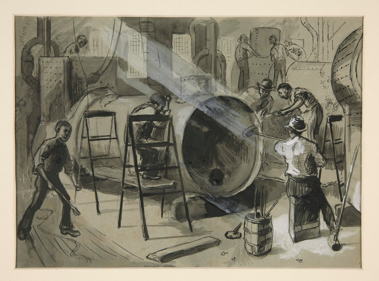 Ilustração dentro de uma fábrica de Edwin Austin Abbey