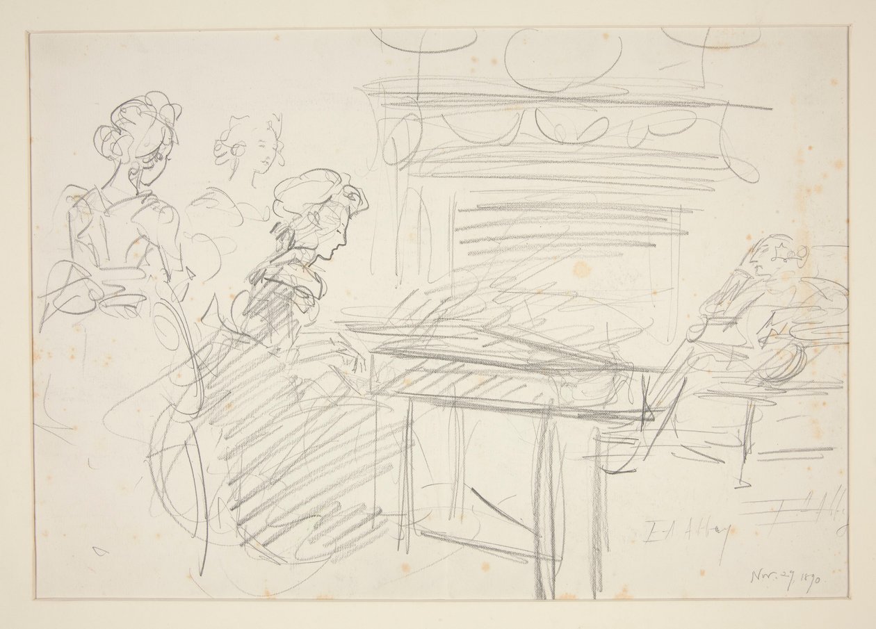 Cena interior: mulher ao piano e família - ilustração não identificada de Edwin Austin Abbey