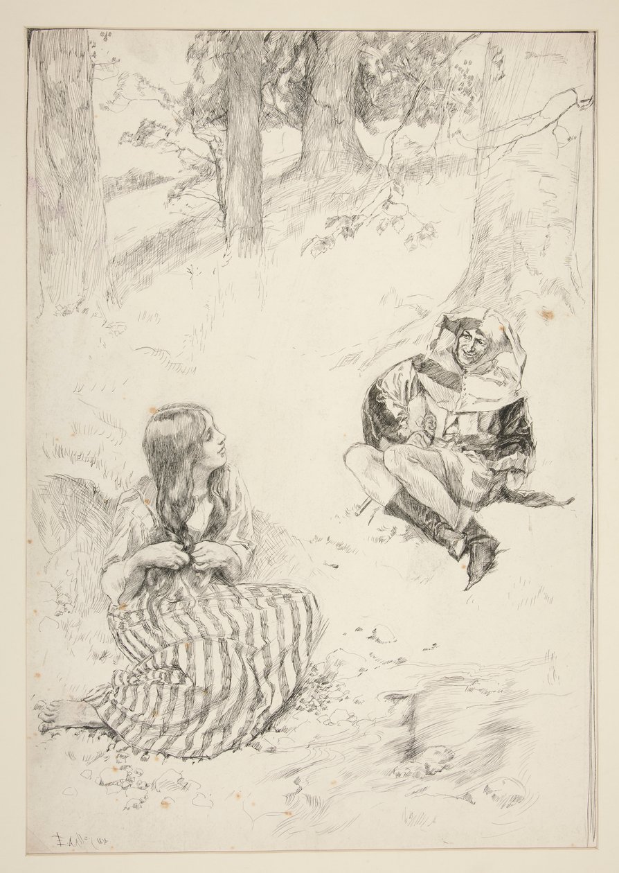 Jester and woman, sketch for The Daffodil Song de Edwin Austin Abbey