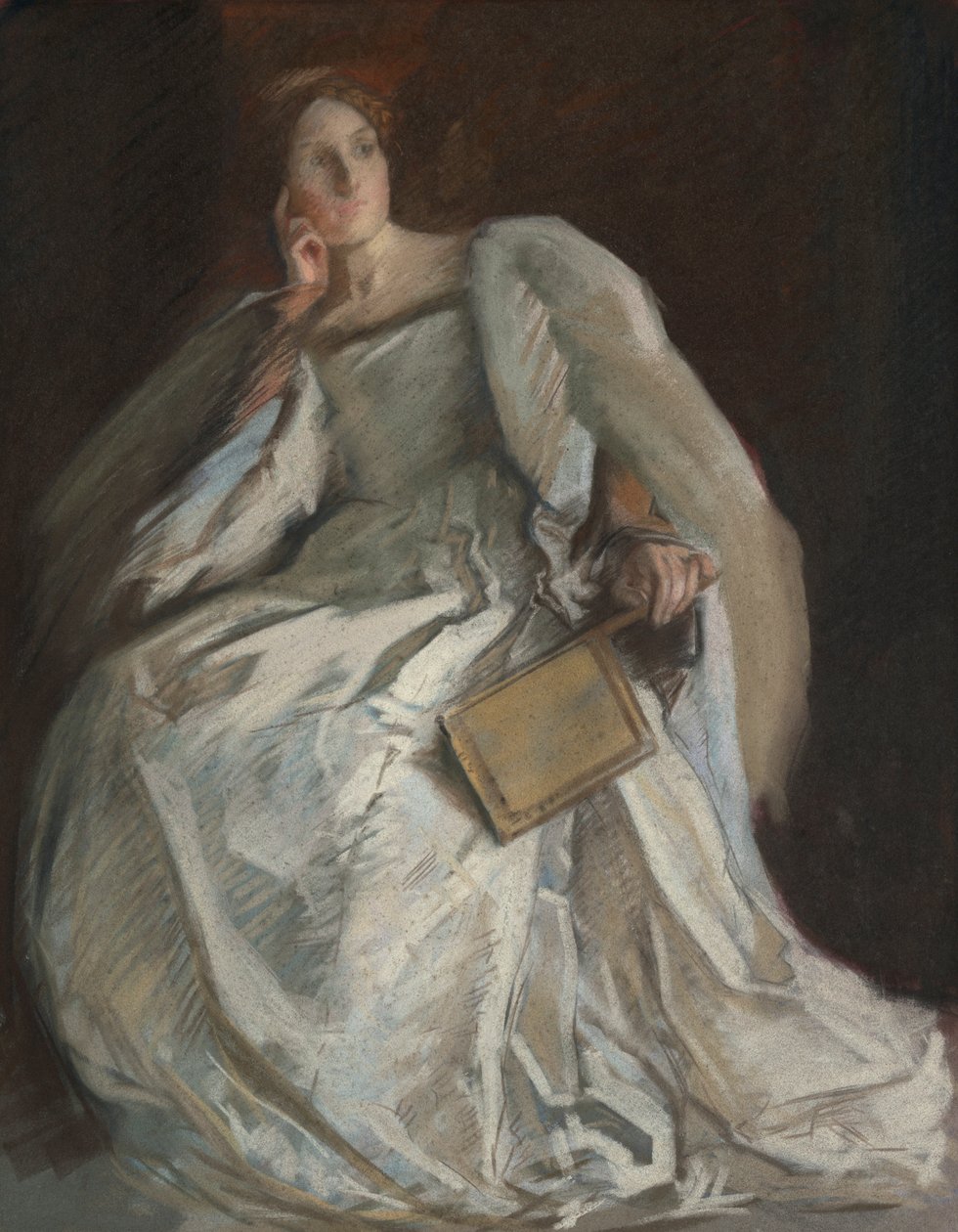 Lady in White Seated. Mão direita ao queixo. Ventilador de mão direita. de Edwin Austin Abbey