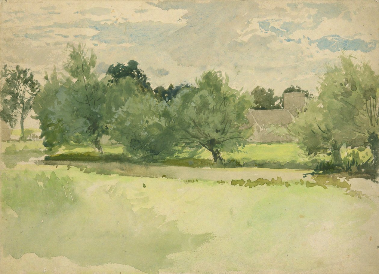 Paisagem: Prado. Igreja ao fundo de Edwin Austin Abbey